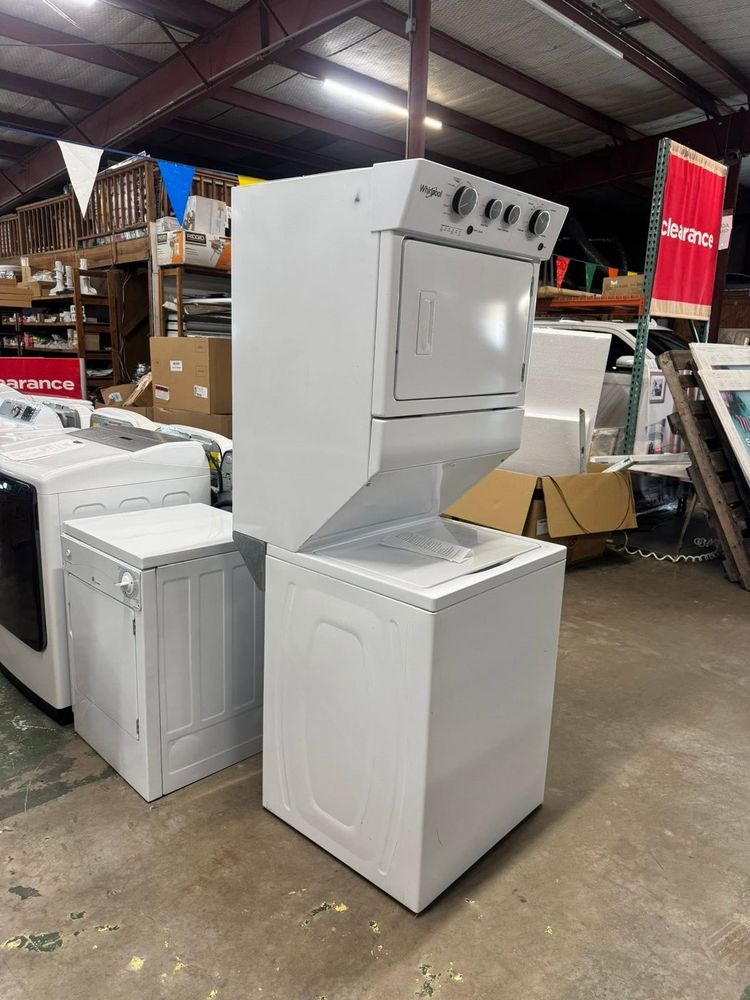 A stacked laundry center on the floor — the answer when the laundry space is tight.