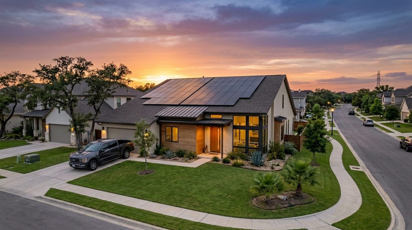 Modern Texas home with rooftop solar panels at sunset